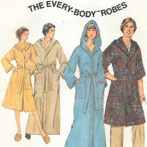 May include: Simplicity 8275 sewing pattern for robes. The pattern includes instructions for robes in various colors and styles. The chest or bust size is 81-86 cm. The image shows illustrations of the robes in different colors and patterns.