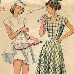 Einfachheits 2474 38&quot; Bust Fit & Flare Kleid Tennis Mini Shorts Halb Teller Rock Vintage 40s Original Schnittmuster Grösse 20 B38