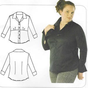 May include: A black Shapely Shirt pattern with a woman wearing the shirt. The pattern includes a front and back view of the shirt design. The text on the pattern reads "The Look And The Fit!" and "Shapely Shirt - 104".