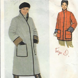 May include: Simplicity 9169 sewing pattern featuring a long coat and jacket design. The coat is light gray with black trim and brown cuffs. The jacket is orange with black cuffs and trim. Size 16.