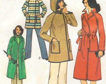 1970s Wrap Coat Sewing Pattern Detachable Hood Trench Jacket Simplicity 7936 Size 12 B34