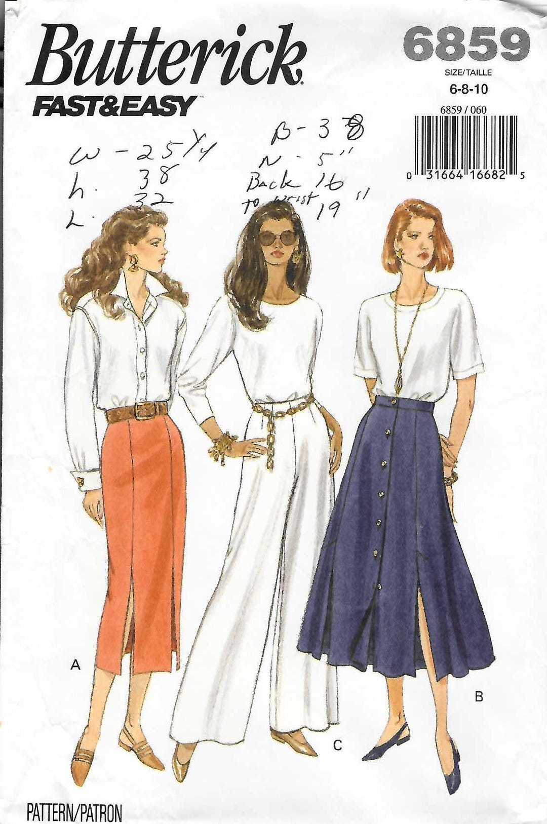 Butterick 6859 Skirt Pants Vintage 90s Original Sewing Pattern Size 6 ...