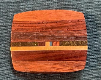 Vintage Belt Buckle Wood Stone Brass Inlay 1970s-80s Kenneth Reid?