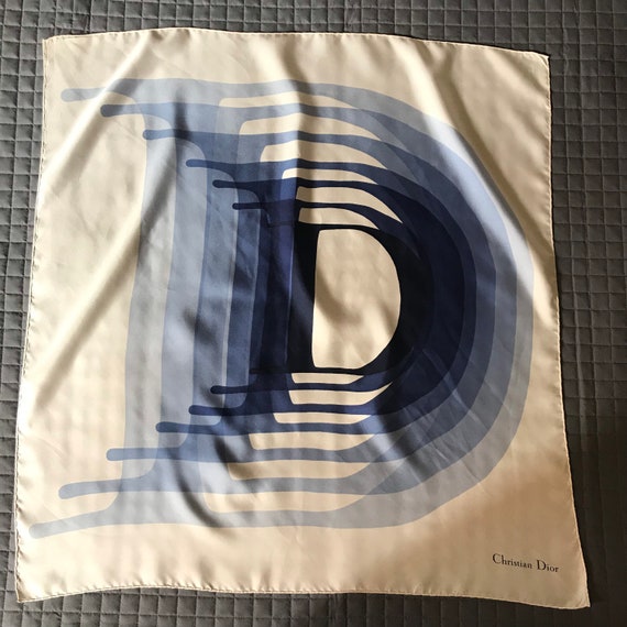 Vintage Christian Dior Big D Silk Scarf Blue White