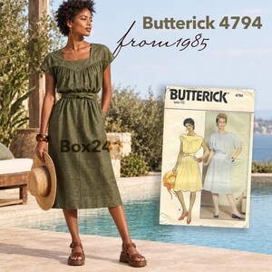 May include: An olive green midi dress with short sleeves, a square neckline, and a tie-waist belt. The image includes text reading Butterick 4794 from 1985 and Box241, alongside a vintage sewing pattern envelope showing two dress variations.