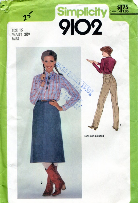 Simplicity 9102 Vintage 70s Western Cowgirl High Waisted Jeans Skirt Pants Original Sewing Pattern Size 16 W30 Uncut Etsy