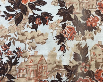 11 Yards Vintage Fabric 1940s Floral Roses Country Manor Houses Cream Orange Brown Cotton Draperies Upholstery 2 Pieces Yardage