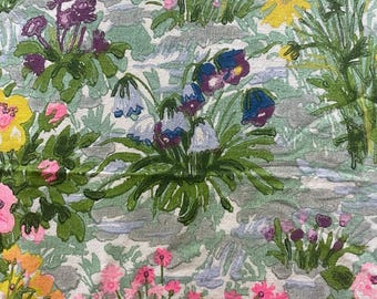 Vintage 70s Linen Watercolor Floral Fabric Yardage Tablecloth 42.5 x 72 in 2 Yards