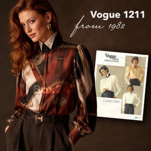May include: A long-sleeved button-down shirt featuring a brown, black, and cream print of belts and chains, with a solid cream collar. Beside it is a Vogue 1211 sewing pattern envelope from 1982 showing three variations of the shirt design.