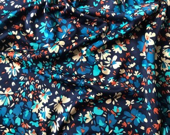 Vintage Fabric 1980s Modern Floral Navy Turquoise Blue Khaki Orange Synthetic Slinky Knit 2-2/3 Yards Yardage