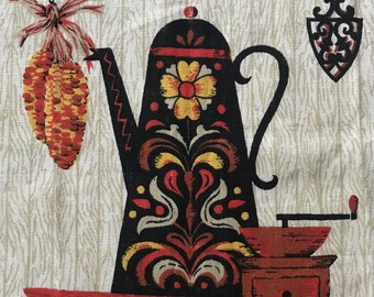 Vintage Linen Towel: Parisian Prints 1960s Teapot Kettle Coffee Grinder Kitchen Midcentury Wall Hanging