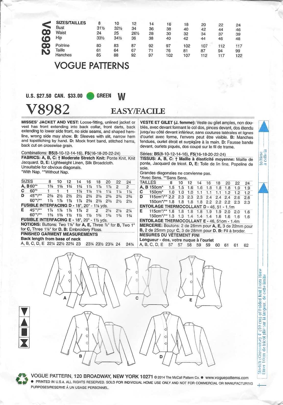 V8982 Pattern Vogue 8982 Marcy Tilton Jacket Vest Wearable Art Original Sewing ...