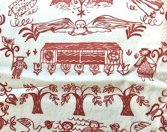 Vintage 50s-60s Fabric Laverne Originals Cotton Pennsylvania Dutch Folk Farm Cottage White Salmon Pink Yardage 2 Yards