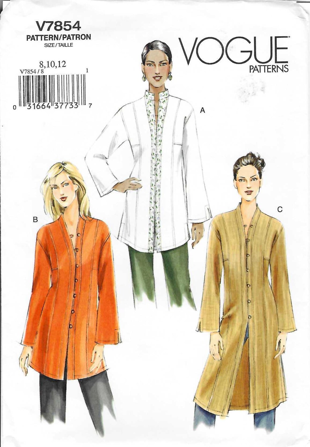 Vogue 7854 Tunic Coat Jacket Y2K Original Sewing Pattern Size 8-12 B31 ...
