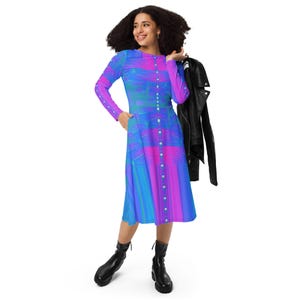 Vibrant Blue Bright Fuchsia Stripes Geometric Design Long Sleeve Midi Dress