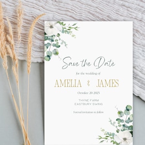 Editable Save The Date Template Canva | Simple Floral Wedding Save The Date | Minimalist Digital Invitation with Flowers