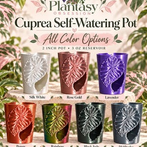 May include: A collection of seven Cuprea self-watering pots, each featuring a 2-inch diameter and 3-ounce reservoir. The pots are available in silk white, rose gold, lavender, penny, rainbow, black jade, and 50 shades, all with a leaf design.
