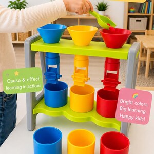 May include: A multi-coloured sensory toy featuring three funnels in blue, yellow, and red, positioned above matching water wheels and collection cups. The structure is supported by a grey frame, and includes text labels: Pour, spin & explore! Endless fun, hands-on learning. Boosts fine motor skills & concentration. Cause & effect learning in action! Bright colours. Big learning. Happy kids! Designed for little hands. Built for curious minds. Montessori Inspired. Screen Free Play. Learn Through Play.