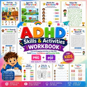 ADHD Skills Workbook for Kids Ages 6-12 | Printable ADHD Activities PDF | Focus & Attention Workbook | Executive Function Worksheets