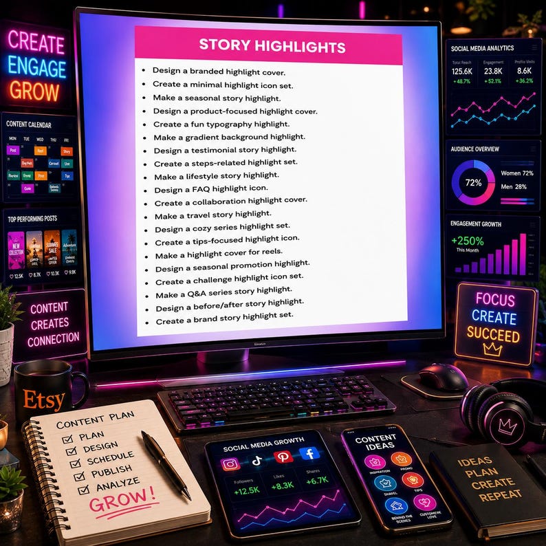 May include: A computer monitor displaying a list of social media story highlights, surrounded by a keyboard, a notebook with a content plan, a tablet showing growth metrics, a smartphone with content ideas, and a notepad labeled ideas plan create repeat.