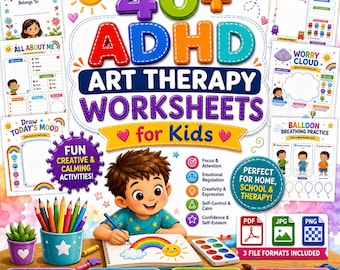 ADHD-konstterapi-arbetsblad för barn | Emotionell regleringsaktiviteter för lugn, utskrivbara, SEL-arbetsbok i PDF-format, copingfärdigheter, digital nedladdning