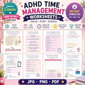 May include: A set of ADHD time management worksheets featuring eight distinct pages with pink and blue accents. The text includes headings like ADHD TIME MANAGEMENT WORKSHEETS, FOCUS, PLAN, ACHIEVE, and various sections for daily planning, affirmations, and tips.