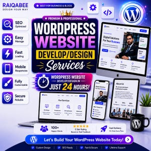 May include: A digital marketing graphic for WordPress website design services featuring a computer monitor, tablet, and smartphone displaying business websites, alongside icons for SEO, mobile responsiveness, and security, with text stating 24-hour delivery.
