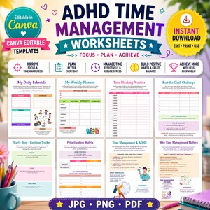 May include: A digital collection of ADHD time management worksheets featuring templates for daily schedules, weekly planners, time blocking, and habit trackers. The colorful pages include text, icons, and charts designed for planning and organization.