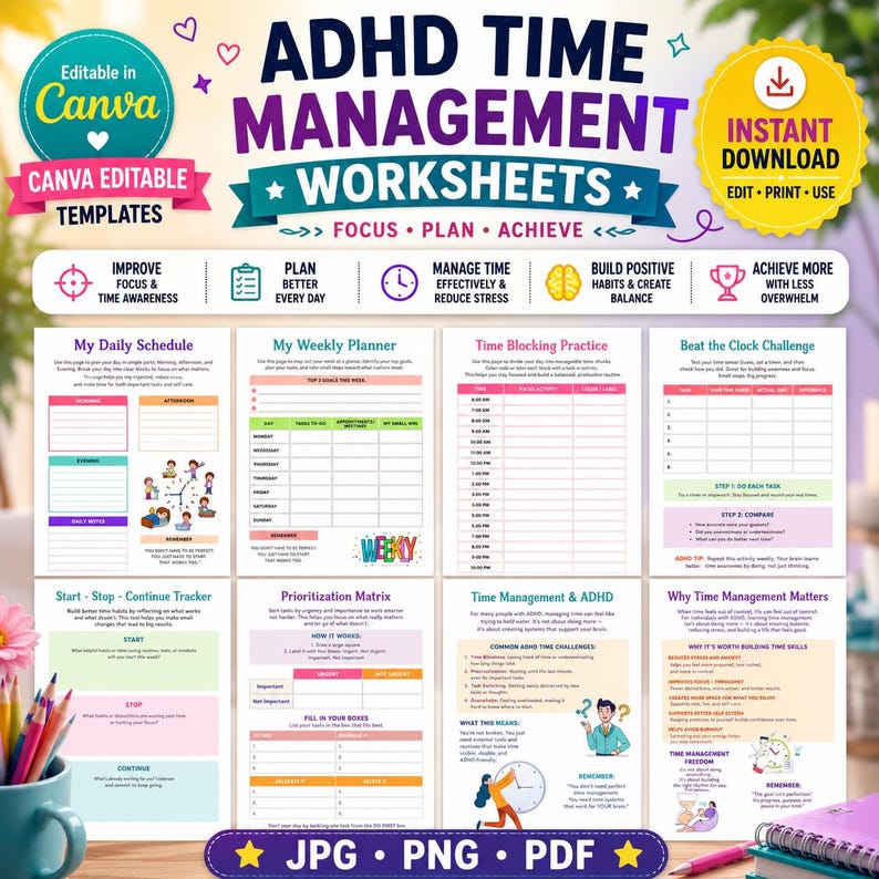 May include: A digital collection of ADHD time management worksheets featuring templates for daily schedules, weekly planners, time blocking, and habit trackers. The colorful pages include text, icons, and charts designed for planning and organization.
