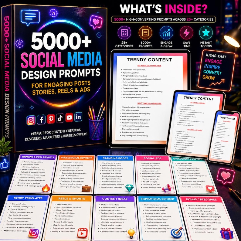 May include: A digital product bundle titled 5000+ Social Media Design Prompts, featuring a large box, a tablet, and a smartphone displaying content lists. Includes ten colorful cards with categories like Story Templates and Reels & Shorts.