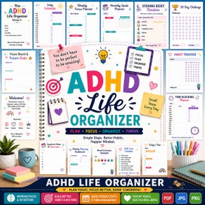 Könnte beinhalten: Ein ADHD Life Organizer Planer mit Spiralbindung, einer Glühbirnen-Grafik, einer rosa Notiz mit der Aufschrift You don't have to be perfect to be amazing und einem lila Klemmbrett. Das Layout enthält Bereiche für tägliche und monatliche Planung.