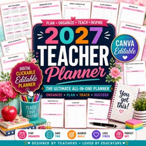 May include: A 2027 teacher planner digital template set featuring a dark blue central cover with colorful text, surrounded by various printable pages like semester plans, lesson logs, and calendars, alongside a pencil cup and apple.