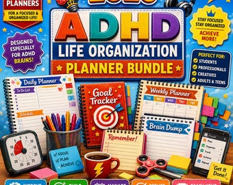 May include: A 2026 ADHD life organization planner bundle featuring a daily planner, goal tracker, weekly planner, and brain dump notepad. Includes a visual timer, a cup of pens, a fidget spinner, a smartphone, and sticky notes on a blue background.