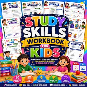 May include: A study skills workbook for kids featuring a colorful cover with the title Study Skills Workbook for Kids, illustrated with a boy and girl writing in notebooks, surrounded by various educational worksheets, icons, and school supplies.