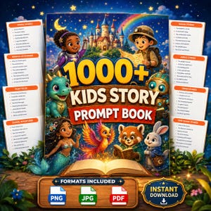 Może przedstawiać: Książka 1000+ Kids Story Prompt Book z centralną ilustracją zamku, dziecka odkrywcy, syreny, smoka, feniksa, pandy rudej i królika. Okładka zawiera tytuł oraz otaczające ją listy z tytułami opowiadań.