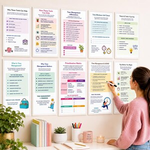 May include: A collection of ten vertical informational posters displayed on a wall, featuring text and colorful icons related to time management and ADHD strategies, with a person writing on one of the posters using a black marker.