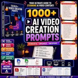 May include: A digital guide titled 1000+ AI Video Creation Prompts featuring a dark background with neon text, a notebook with a pen, a small potted plant, and a candle. The guide includes lists of video categories, file format icons, and device icons.
