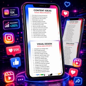 May include: Two smartphones displaying lists titled Content Ideas and Visual Design Social Media Prompts, surrounded by floating neon social media icons including hearts, thumbs up, and play buttons against a dark, vibrant, glowing background.