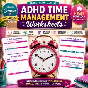 ADHD Time Management Worksheets, Executive Function Planner, Productivity PDF, ADHD Planner, Focus Workbook Task Organizer Printable Planner