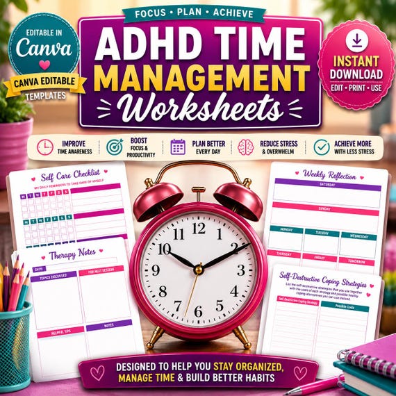 ADHD Time Management Worksheets, Executive Function Planner, Productivity PDF, ADHD Planner, Focus Workbook Task Organizer Printable Planner