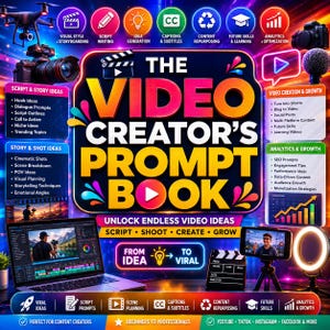 May include: A digital guide titled The Video Creator's Prompt Book featuring colorful text and icons related to video production, including drones, cameras, microphones, and editing software, set against a vibrant, neon-lit background.