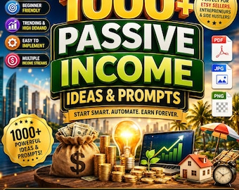 May include: A digital graphic featuring the text 1000+ PASSIVE INCOME IDEAS & PROMPTS. The image displays a burlap sack with a dollar sign, stacks of gold coins, a glowing light bulb, a laptop showing a green growth chart, and a small house model.