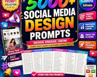 May include: A digital product advertisement featuring the text 5000+ SOCIAL MEDIA DESIGN PROMPTS in large colorful letters. The graphic includes a smartphone displaying an Instagram feed, various social media icons, and a list of prompt categories.