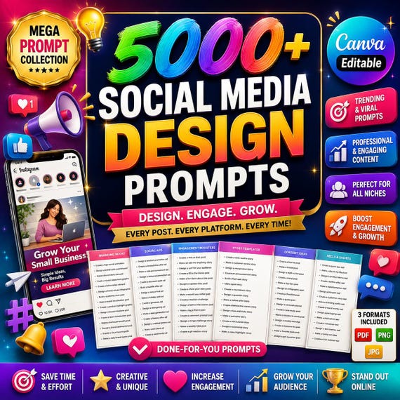 Social Media Prompts, Instagram Content Ideas, Canva Templates, AI Marketing Prompts, Reels, Posts & Content Creation for Small Business