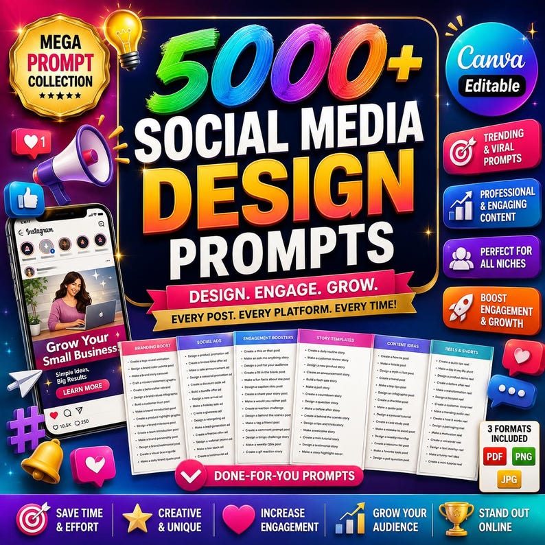 Social Media Prompts, Instagram Content Ideas, Canva Templates, AI Marketing (Digital Download)