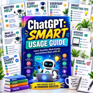 May include: A book titled ChatGPT: Smart Usage Guide with a blue cover featuring a white robot using a laptop, surrounded by educational cards, a stack of four colorful books, a white mug with text, and a notebook with a black pen.
