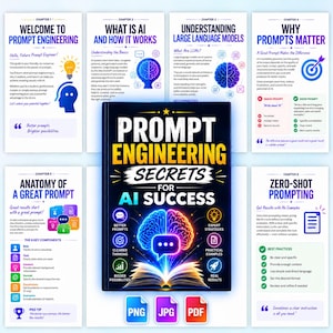 Può includere: Un libro intitolato Prompt Engineering Secrets for AI Success con un grafico di un cervello luminoso e un libro aperto sulla copertina, circondato da sei pagine informative che descrivono capitoli su IA e prompt engineering.