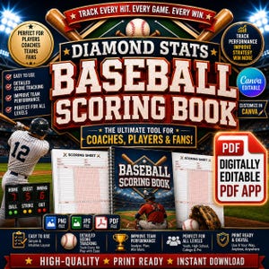 Peut inclure: Un modèle numérique de carnet de score de baseball avec le texte Diamond Stats Baseball Scoring Book. Le design comprend un joueur de baseball, un stade, des feuilles de score, une balle, un gant et des icônes pour fichiers PNG, JPG et PDF.