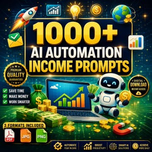 May include: A digital graphic featuring the text 1000+ AI AUTOMATION INCOME PROMPTS, a laptop displaying a green growth chart, a small white robot holding money, stacks of cash, gold coins, a rocket, a globe, and various icons on a dark background.