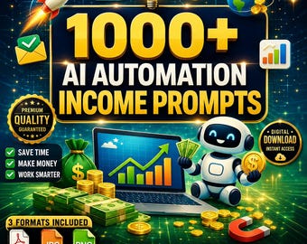Könnte beinhalten: Eine digitale Grafik mit dem Text 1000+ AI AUTOMATION INCOME PROMPTS, einem Laptop mit grünem Wachstumsdiagramm, einem kleinen weißen Roboter mit Geld, Geldbündeln, Goldmünzen, einer Rakete, einem Globus und verschiedenen Symbolen auf dunklem Grund.